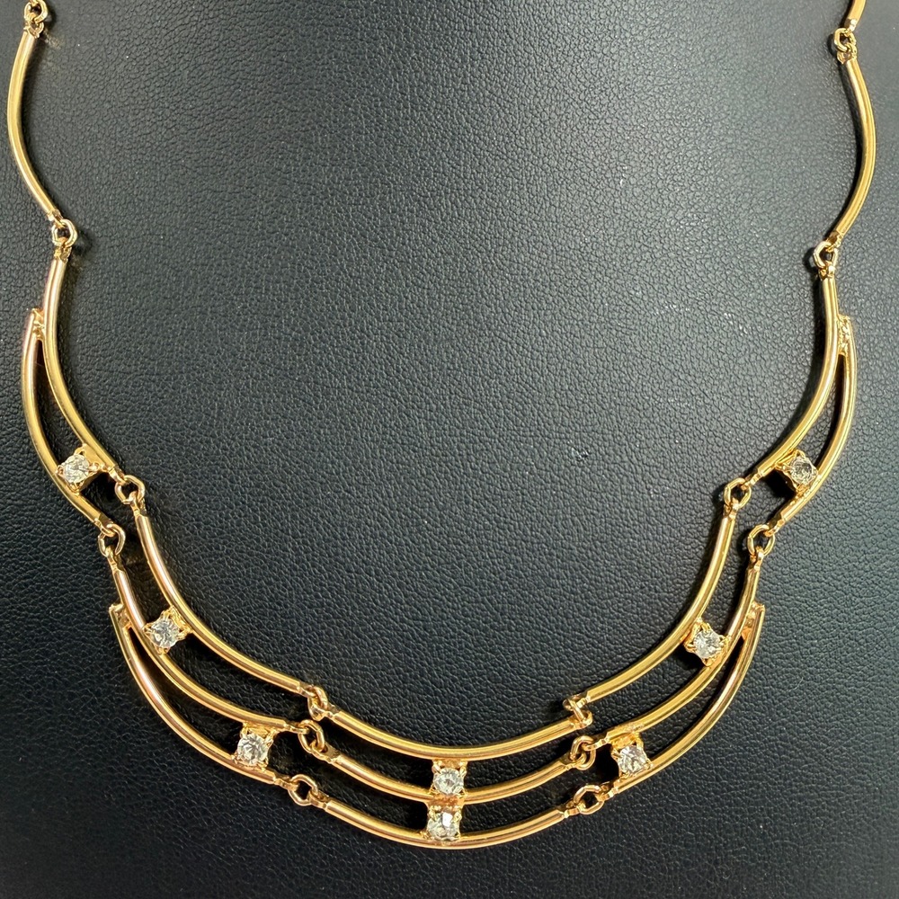 Vintage Necklace Gold Tone Festoon Rhinestone Dainty Curved Link Minimalist 16"
